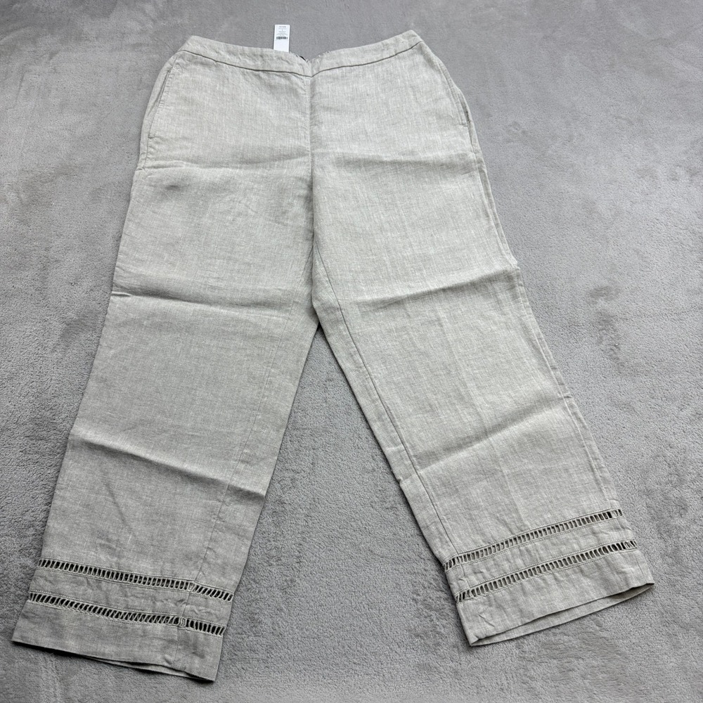 Chico's Linen Ladder Trim Crop Pant Women 8 Oatmeal Pull On Coastal Grandma Boho